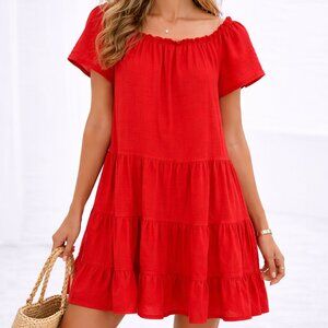 $79 Max Studio Red Tiered Off Shoulder Dress Womens Medium Summer Boho Peasant